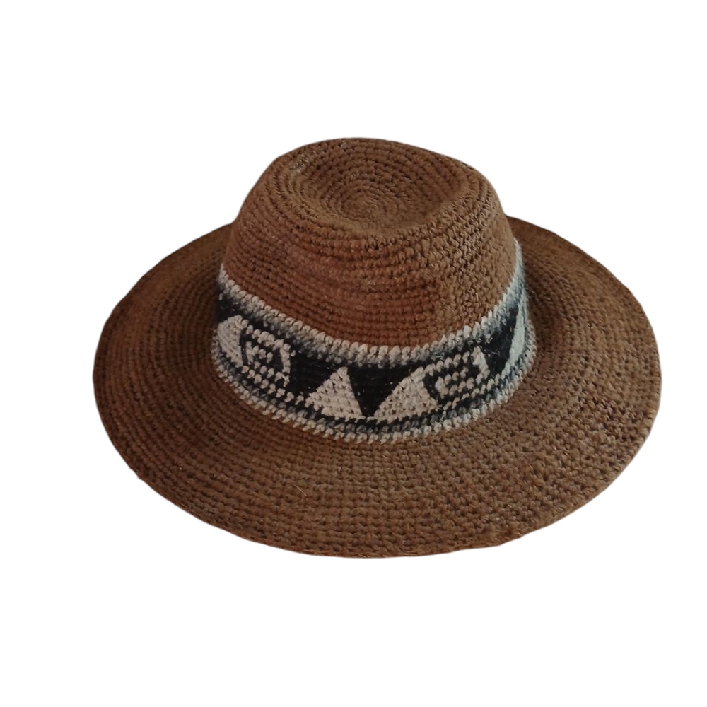 Brown Woven Hat with Black and White Pattern
